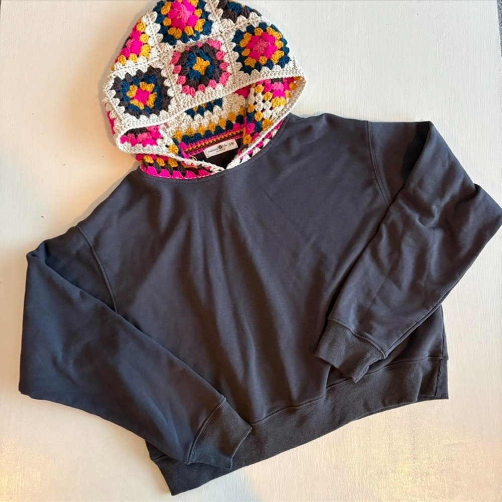 Natural Life Crochet Hooded Sweatshirt Granny Square Boho Cottagecore Indie Pull